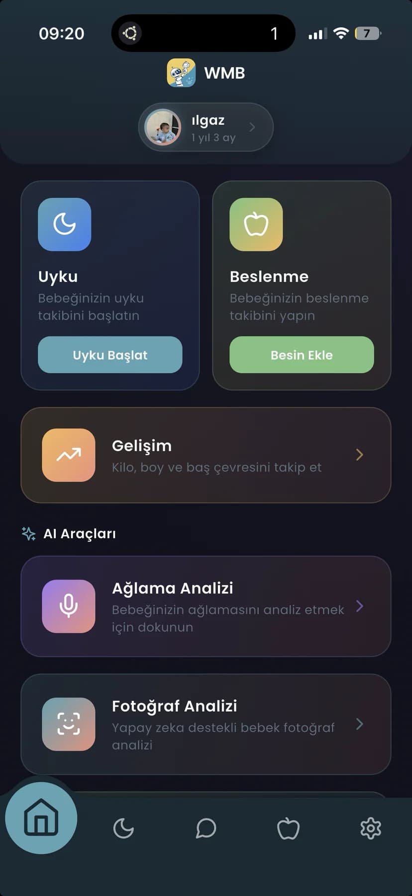 Watch My Baby mobile app dashboard showing sleep, feeding, growth, and AI tools
